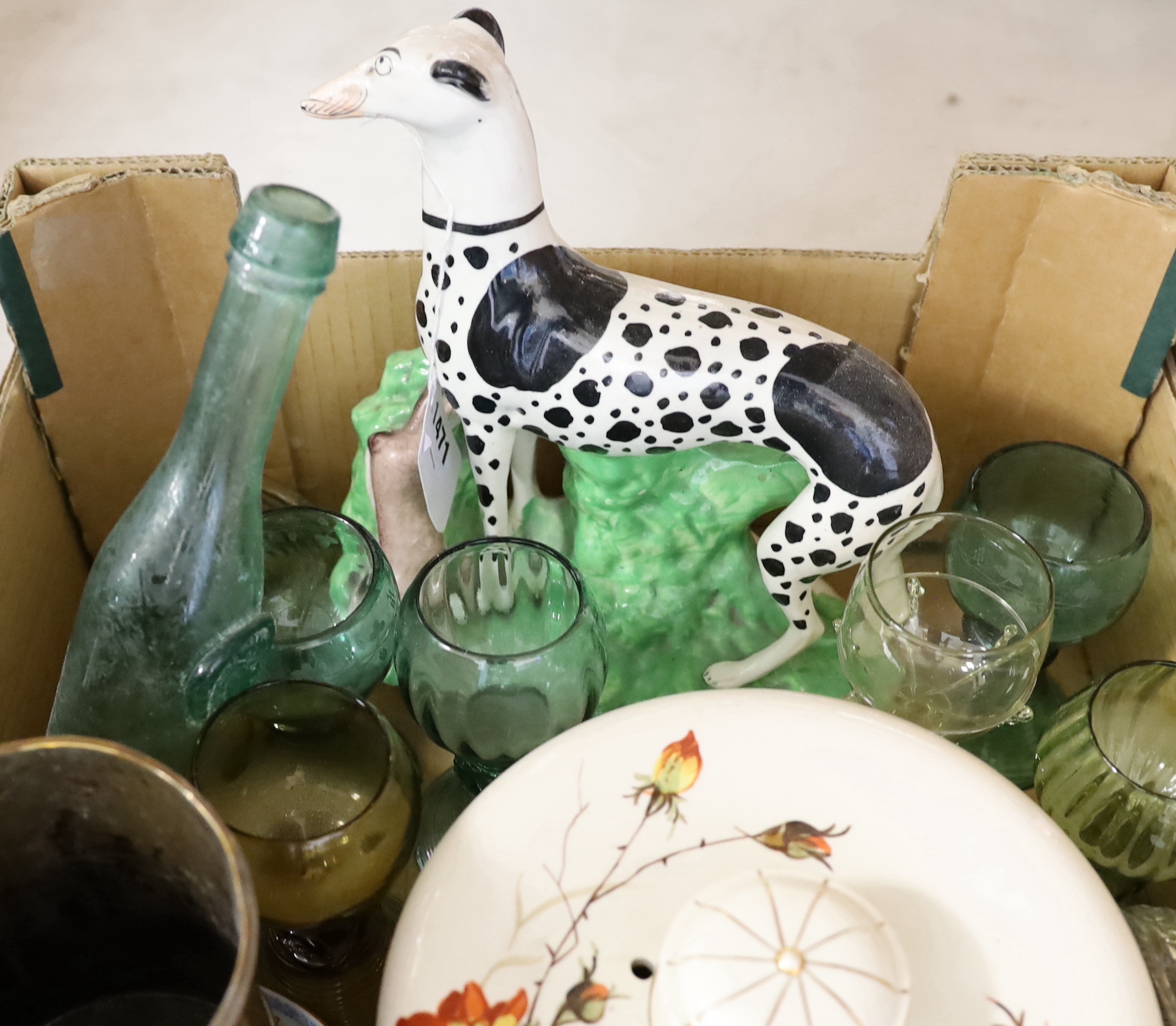 Collection of German hock glasses, cranberry glass, Staffordshire greyhound, a Stilton dish and two copper tankards etc, the largest 18cm high